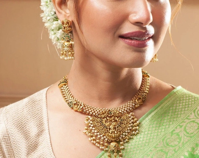 Maithili Peacock CZ Antique Necklace Set with Earrings