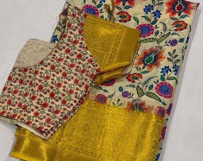 Beautiful  Kalamkari Silk Saree with Yellow Border and Ready-to-Wear Blouse (Size 38-42)