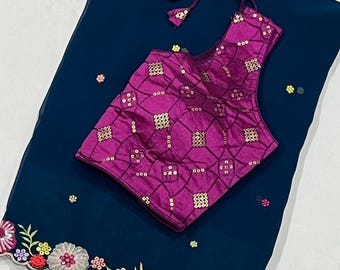 Floral Embroidery border Georgette Saree with  Blouse size 34-42