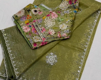 Embroidered Crushed Georgette Saree: Mirror Beadwork, Floral Blouse (Size 34-44 Adjustable)