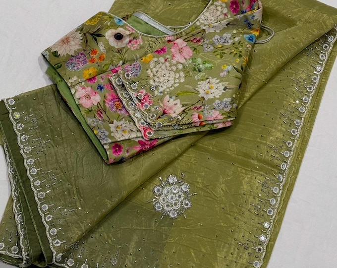 Beautiful Mirror and Beads Embroidered Crushed Georgette Saree with Floral Blouse (34-44 Size Adjustable)