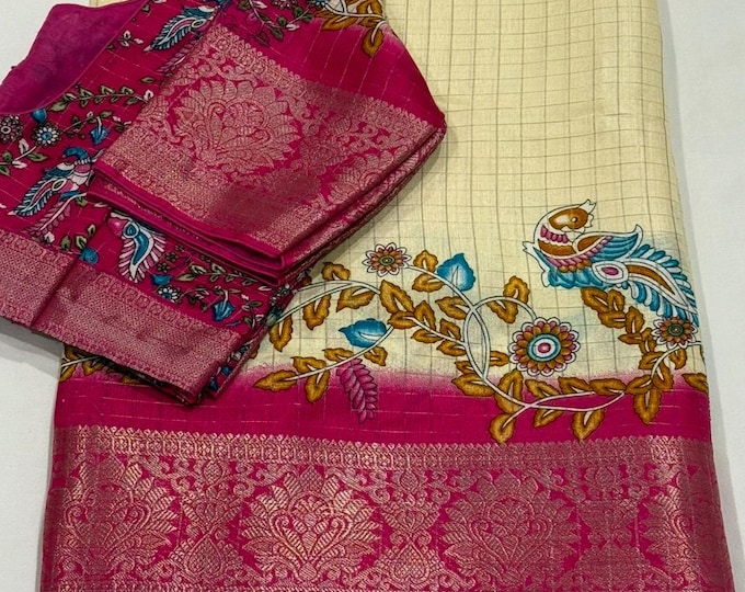 Kalamkari Cotton Silk Saree with Rich Zari Border & Blouse (Sizes 34-42)