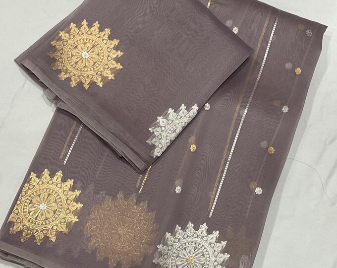 Elegant Grey Organza Saree with Gold & Silver Zari Butti Work – Festive Wear