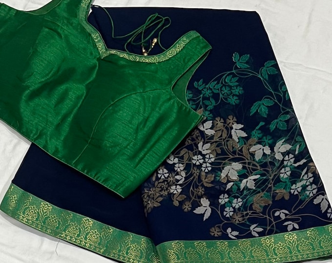 Navy blue Floral Georgette Saree with blouse