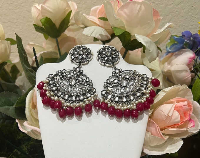 Gorgeous premium kundan grand looking ruby beaded  chand Bali  earrings