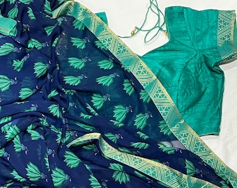Navy Blue Floral Georgette Saree with Blouse