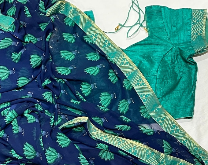 Navy Blue Floral Georgette Saree with Blouse
