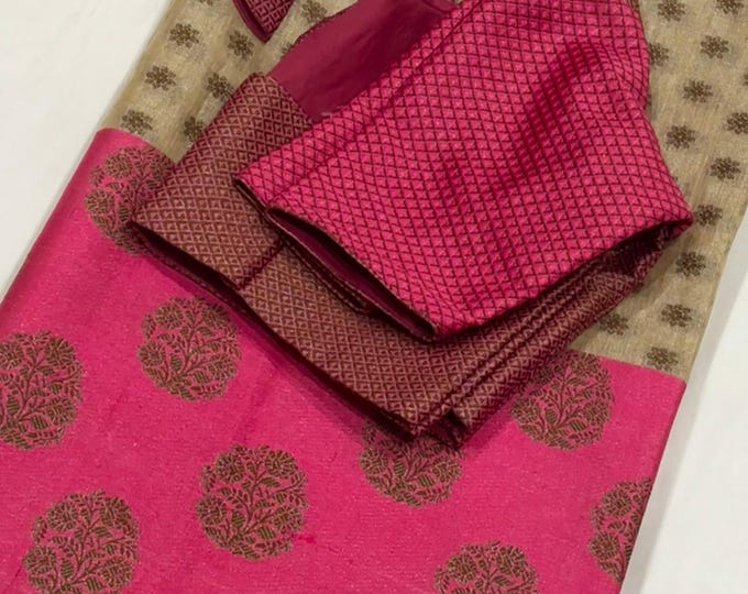 Gorgeous Soft Benarus Weaving Silk Saree with Ready-To-Wear Front Hook Blouse (Size 34-44 Inches)