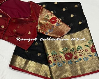 Benaras Kora Silk Saree: Paithani Border, Stitched Blouse (Size 34-42 Adjustable)