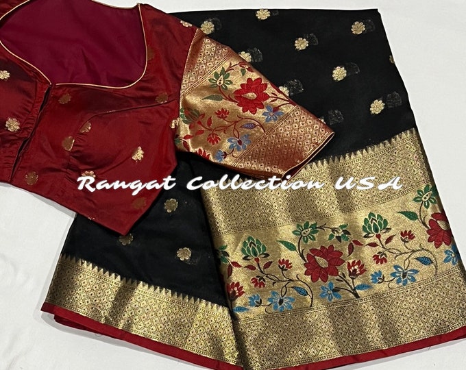 High-Quality Benaras Kora Silk Weaving Saree with Paithani Border and Blouse 34-42 size adjustable