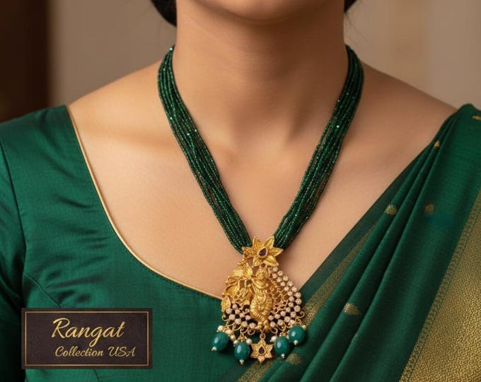 Lord Sri Krishna Pendant: Green Beaded Mala Necklace