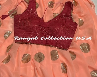 Peach Georgette Saree: Gold Sequence Embroidery, Blouse Included
