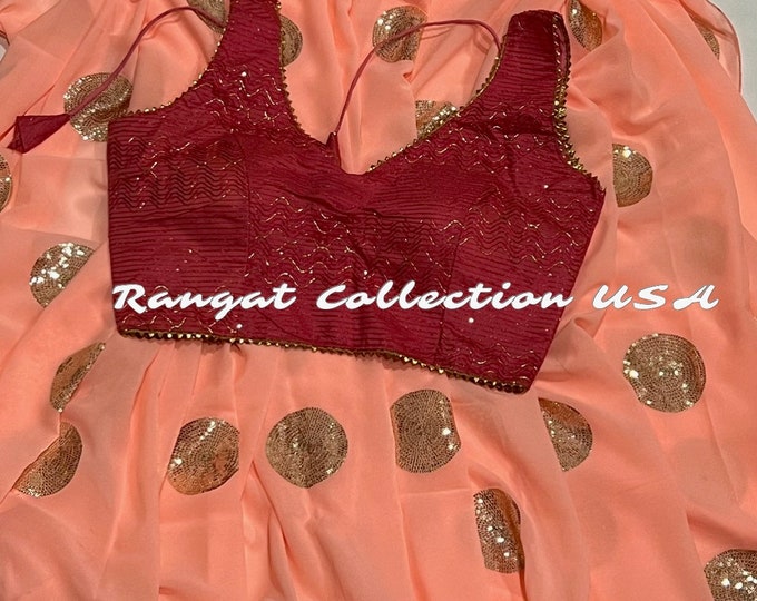 Beautiful Combination Peach orange Pure Georgette Gold Sequence Embroidery work Saree with Blouse