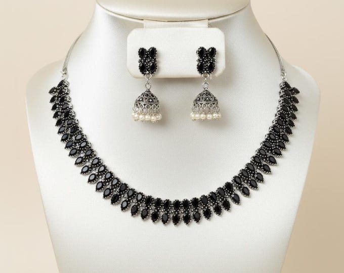 German Silver Black Stone Necklace with Jumka Earrings