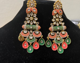 Gold Color Multi Long Peacock Feather Earrings