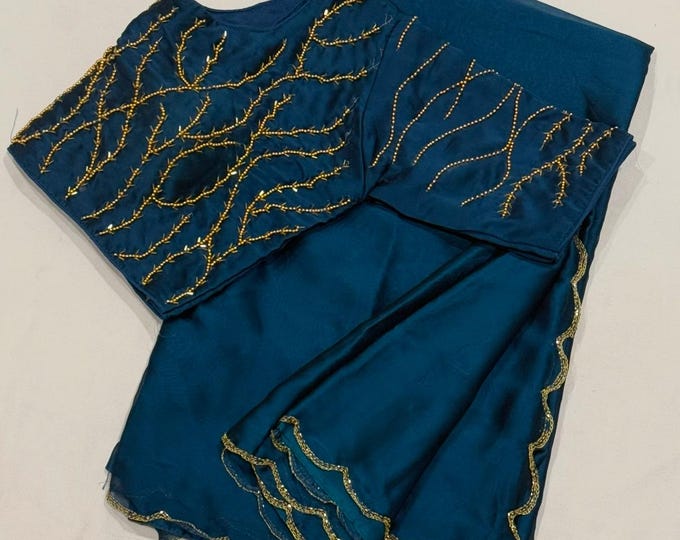 Stunning Shiny Silk Georgette Saree with Embroidered Blouse Adjustable 34-42