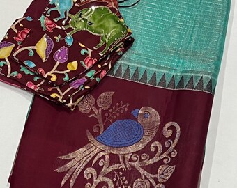 Mangalagiri Tissue Silk Saree: Handloom Parrot Border, Contrast Blouse (Fits 34-42 inches)