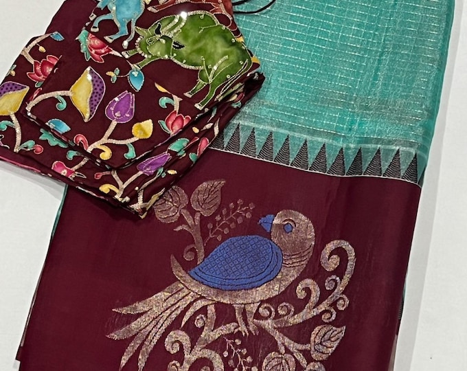 Mangalagiri Tissue Silk handloom Saree with Unique Trademark Parrot Border and contrast Silk Blouse fits 34-42 inches
