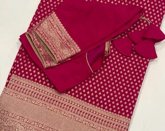 Benarasi Georgette Silk Saree with Intricate Gold Weaving and Ready-to-Wear Silk Blouse (Size 34-42)