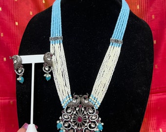 Kundan Long Mala Necklace: White & Blue Beaded Chandra Haram with Earrings
