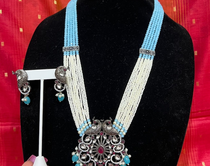Premium high quality grand looking kundan long mala with  white and blue Color beads/ Chandra Haram with earrings
