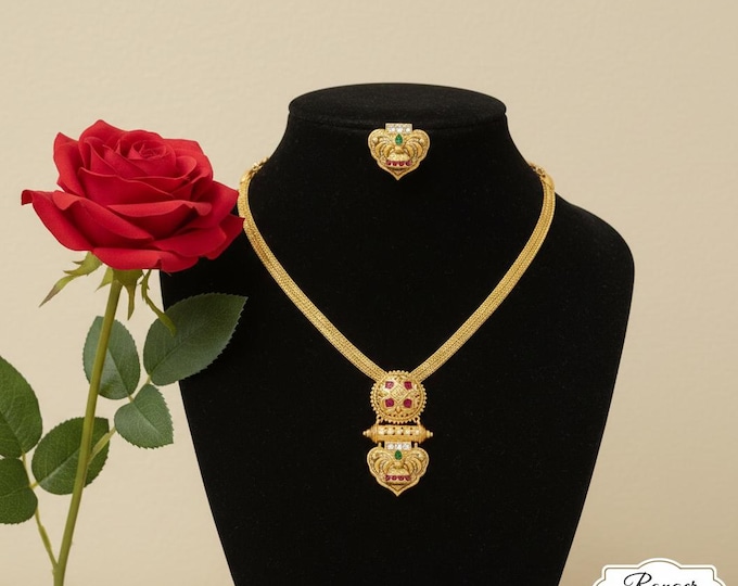 Gold-Plated Necklace Earring Set: Ruby and Emerald Pendant