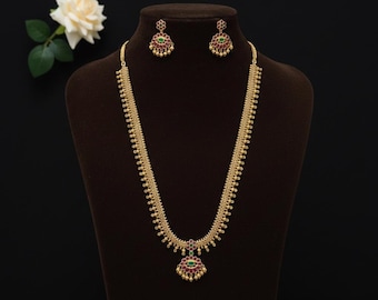 Elegant Ruby Long Necklace Set with Earrings