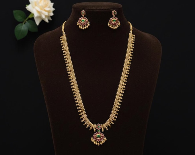 Elegant Ruby Long Necklace Set with Earrings