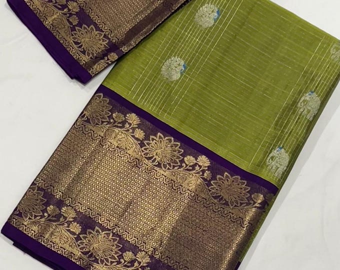 Handloom Pure Silk  Kanchipuram Silk Saree With Contrast Unstitched Blouse