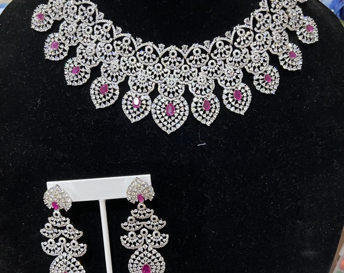 Silver AD and Ruby stones bridal necklace set with earrings