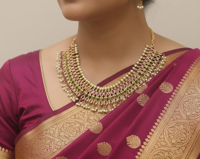 Radiant Gold-Plated Necklace with Ruby, Green, Pearl drops and White CZ Stones, and Matching Earrings