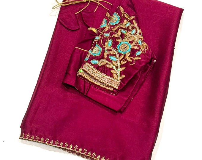 Chinon Crepe Saree with Gold Embroidery Border | Adjustable Blouse Fits 36-42