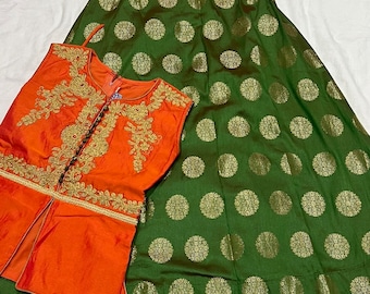 Girls benarus silk lehegna with Embroidery Thread Work Choli  size 28-34 chest and 32-36 waist (Ideal 8-14 year old girls)