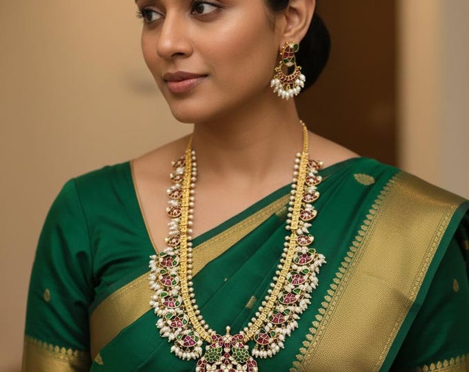 Jadau Mango Mala Necklace with Pearl Earrings