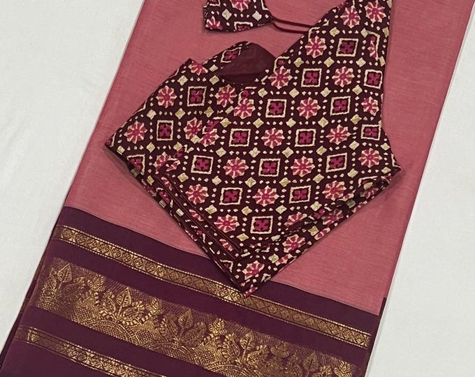 Elegant Handloom Kanchi Cotton Saree with Adjustable Stitched Blouse (Sizes 34-42) - Ships from Texas
