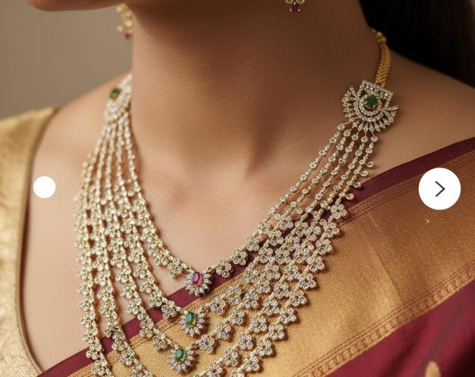 AD Layered Mala Necklace with Earrings: Grand Indian Jewelry Set