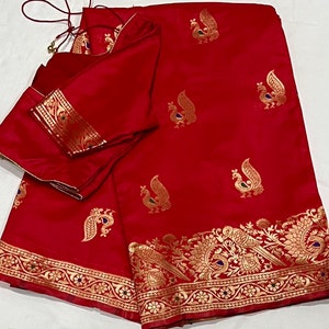 Red Semi Silk Saree: Woven Blouse, Size 34-42