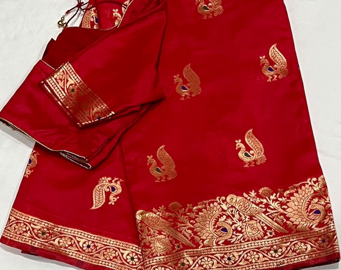 Beautiful Combination Semi Silk Red Weaving saree with blouse