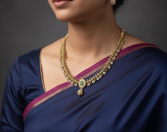 Radiant Gold-Plated Necklace with Green and White CZ Stones, and Matching Earrings