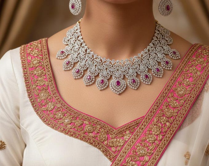 Silver AD and Ruby stones bridal necklace set with earrings