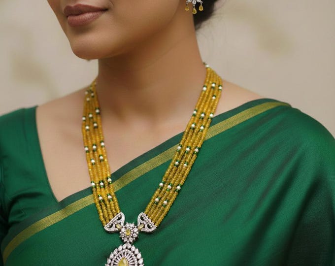 Victorian Long Mala Necklace: Yellow Beaded Chandra Haram