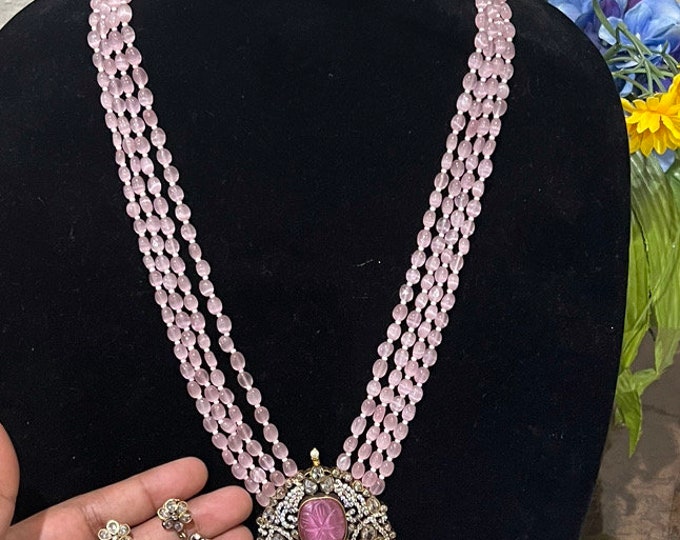 Gorgeous pink beads long Victorian layered mala with ear rings