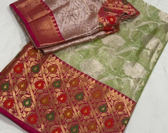 Soft Benarus Silk Saree with Ready-To-Wear Blouse (Size 34-44 Inches)