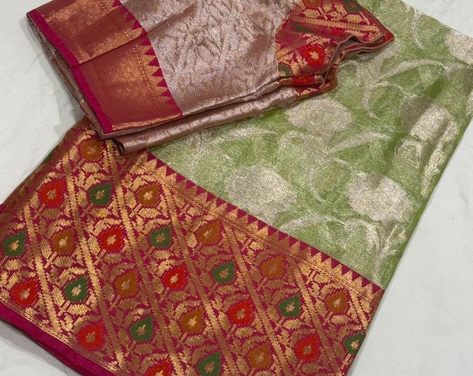 Gorgeous Soft Benarus Tissue Silk Saree with Ready-To-Wear Front Hook Blouse (Size 34-44 Inches)