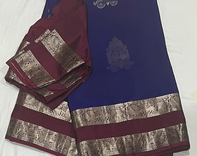 Pure Kanchi Silk Saree With peacock double Weaving  Border comes with  pure silk stitched blouse - Silkmark Certified