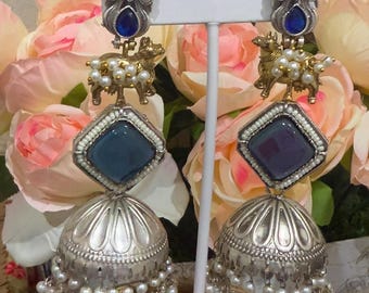 Silver Replica Jhumka Earrings: Blue Stone Indian Jewelry