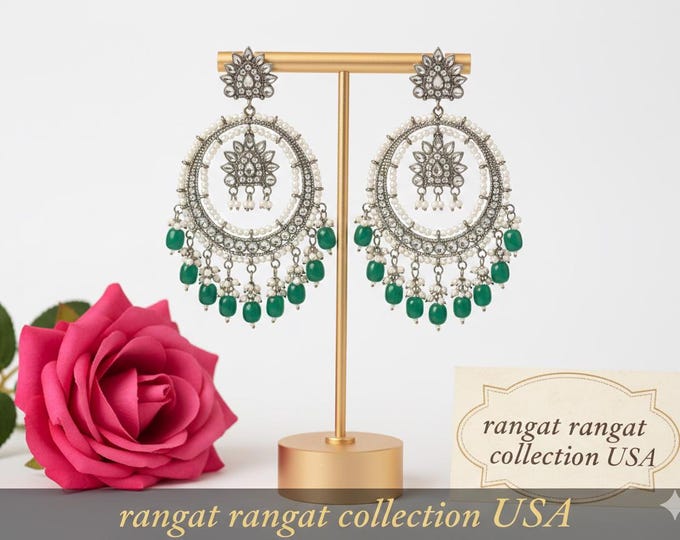 Kundan Chand Bali Earrings: Ruby Beaded, Grand Indian Jewelry