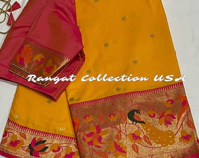 Handloom Paithani Silk Saree with  contrast blouse fits 34-42 size