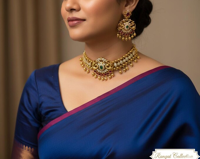 Radiant Gold-Plated Choker Necklace with Green and White CZ Stones, and Matching Earrings