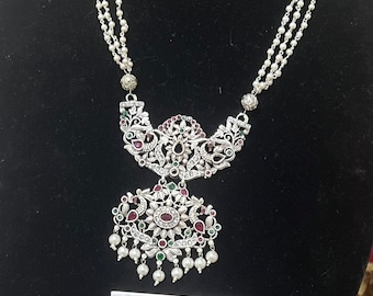 German Silver Pearl Mala Necklace with Earrings